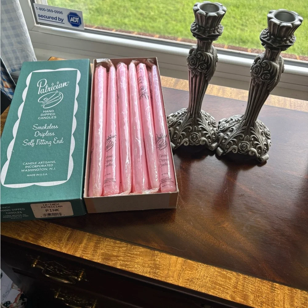Vintage Pink Taper Candles with Silver Candle Holders